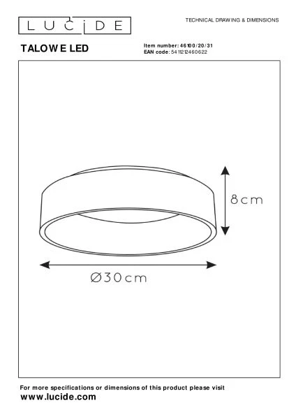 Lucide TALOWE LED - Plafonnier - Ø 30 cm - LED Dim. - 1x20W 3000K - Blanc - technique